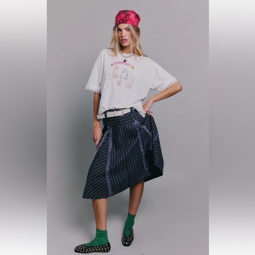 Free People Amelia Midi Skirt Pinstripe Pattern Frayed Seam Grey Combo - Picture 5 of 9